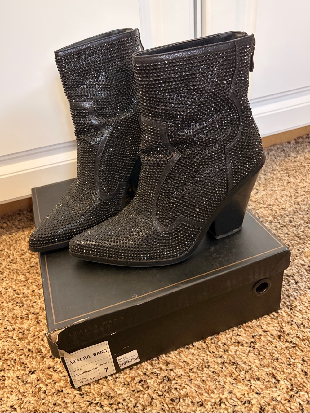 Azalea Wang Black Crystal Western Ankle Booties